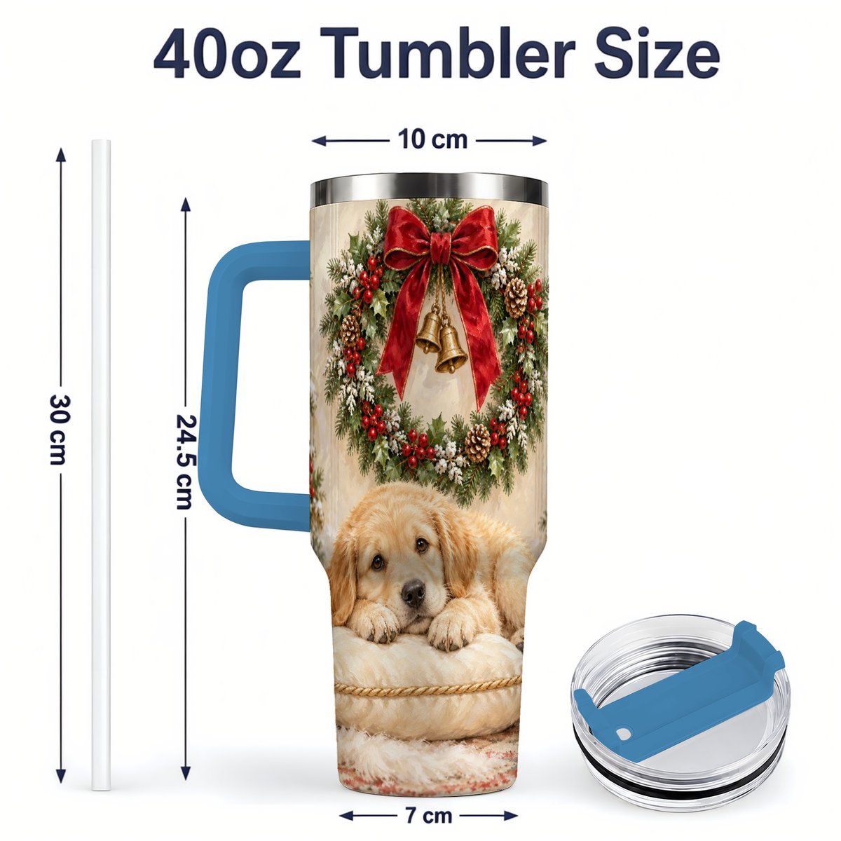 #pl[40oz|Blue] Christmas Golden Retriever Puppy Tumbler 40oz, Cozy Holiday Art