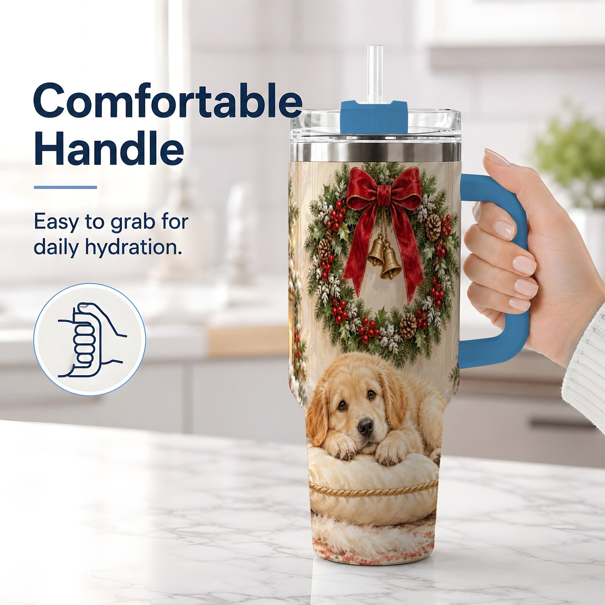#pl[40oz|Blue] Christmas Golden Retriever Puppy Tumbler 40oz, Cozy Holiday Art