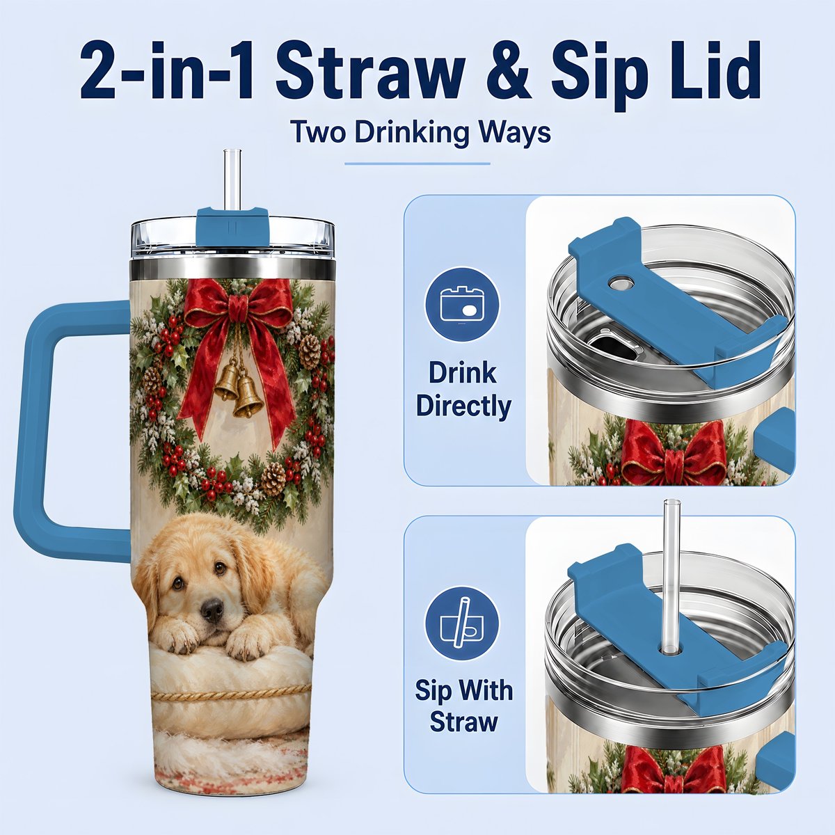 #pl[40oz|Blue] Christmas Golden Retriever Puppy Tumbler 40oz, Cozy Holiday Art