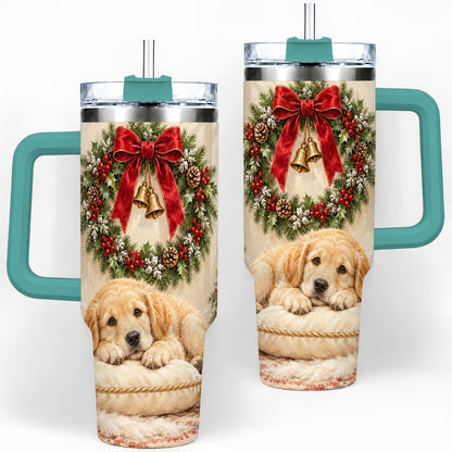 #pl[40oz|Green] Christmas Golden Retriever Puppy Tumbler 40oz, Cozy Holiday Art
