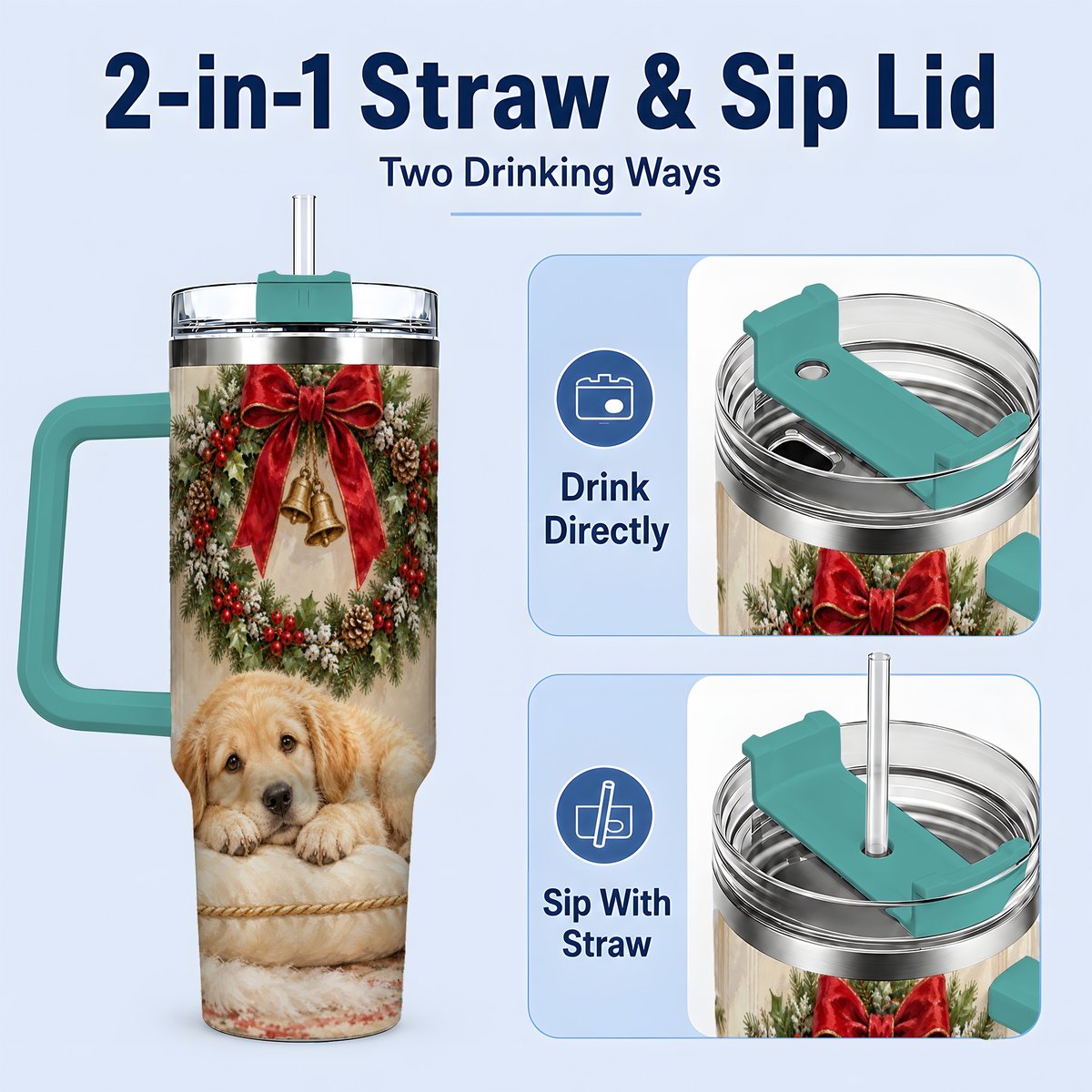 #pl[40oz|Green] Christmas Golden Retriever Puppy Tumbler 40oz, Cozy Holiday Art