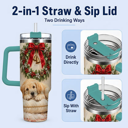 #pl[40oz|Green] Christmas Golden Retriever Puppy Tumbler 40oz, Cozy Holiday Art