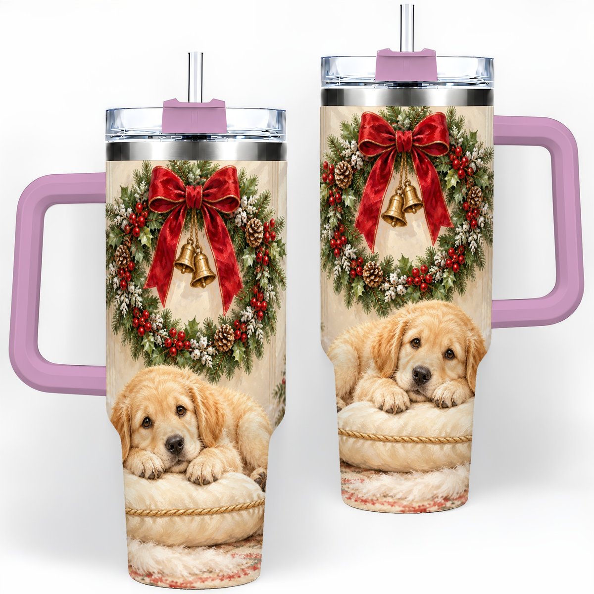 #pl[40oz|Pink] Christmas Golden Retriever Puppy Tumbler 40oz, Cozy Holiday Art