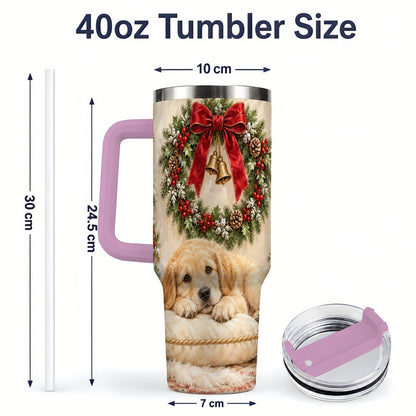 #pl[40oz|Pink] Christmas Golden Retriever Puppy Tumbler 40oz, Cozy Holiday Art