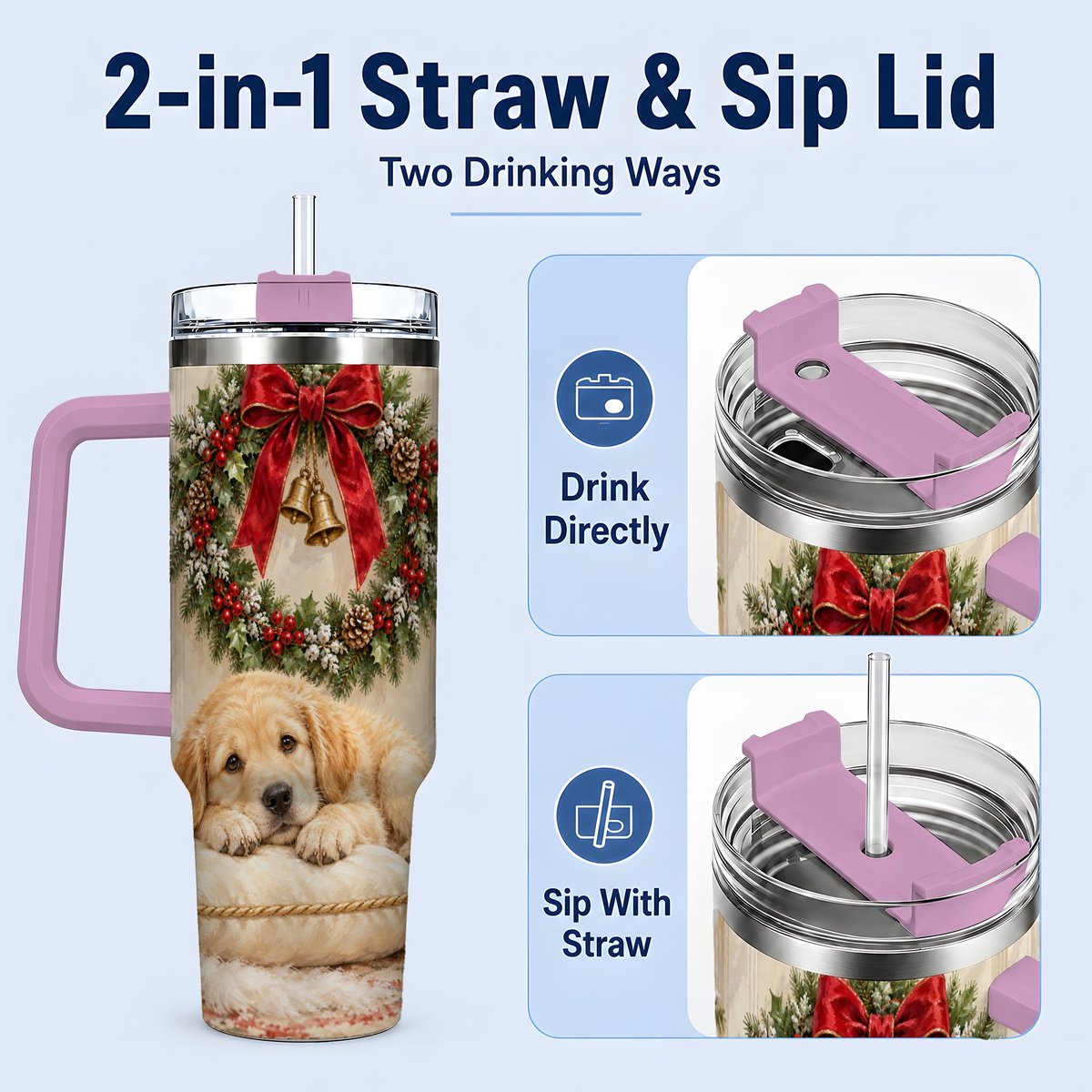 #pl[40oz|Pink] Christmas Golden Retriever Puppy Tumbler 40oz, Cozy Holiday Art