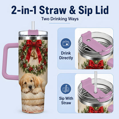 #pl[40oz|Pink] Christmas Golden Retriever Puppy Tumbler 40oz, Cozy Holiday Art
