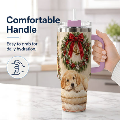 #pl[40oz|Pink] Christmas Golden Retriever Puppy Tumbler 40oz, Cozy Holiday Art