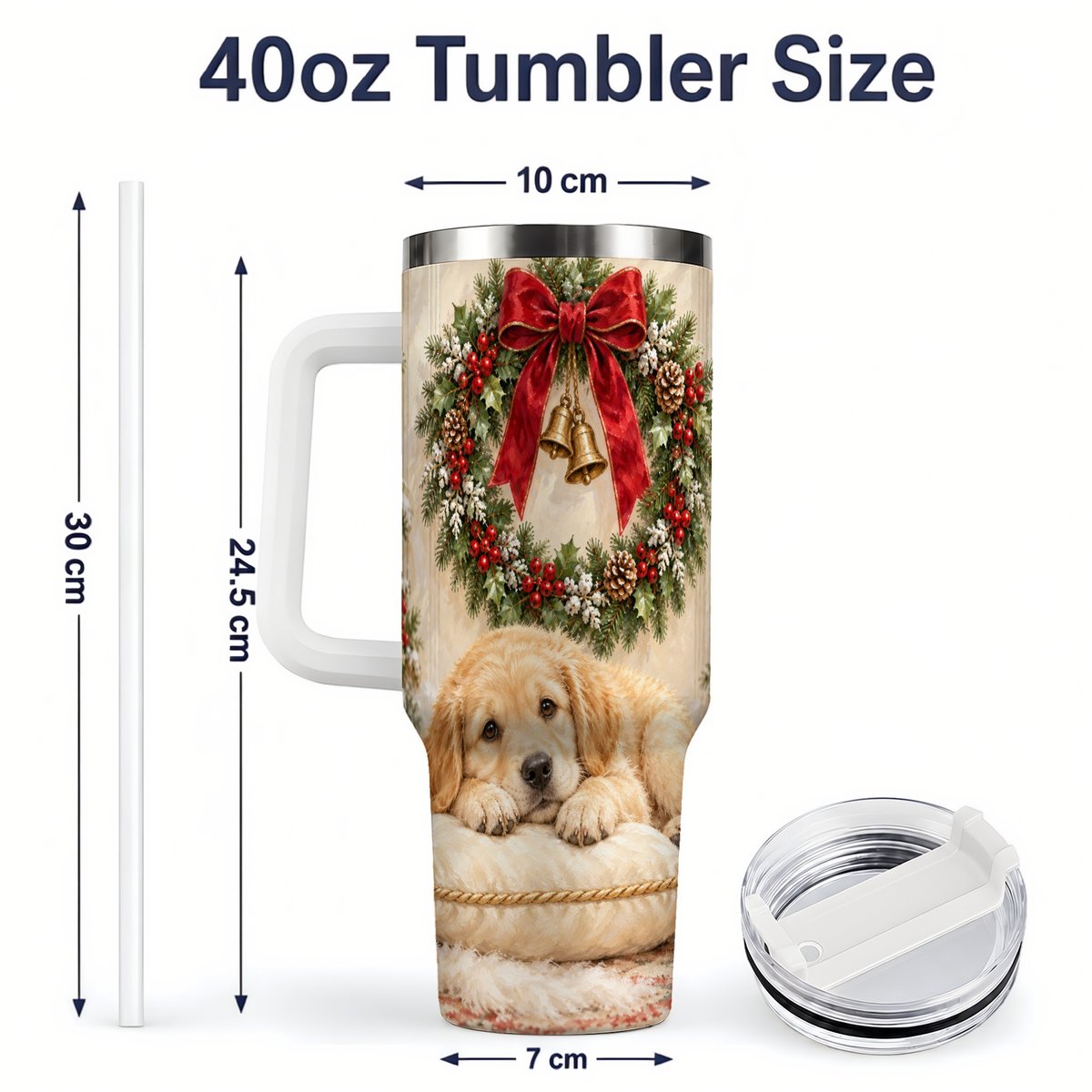 #pl[40oz|White] Christmas Golden Retriever Puppy Tumbler 40oz, Cozy Holiday Art