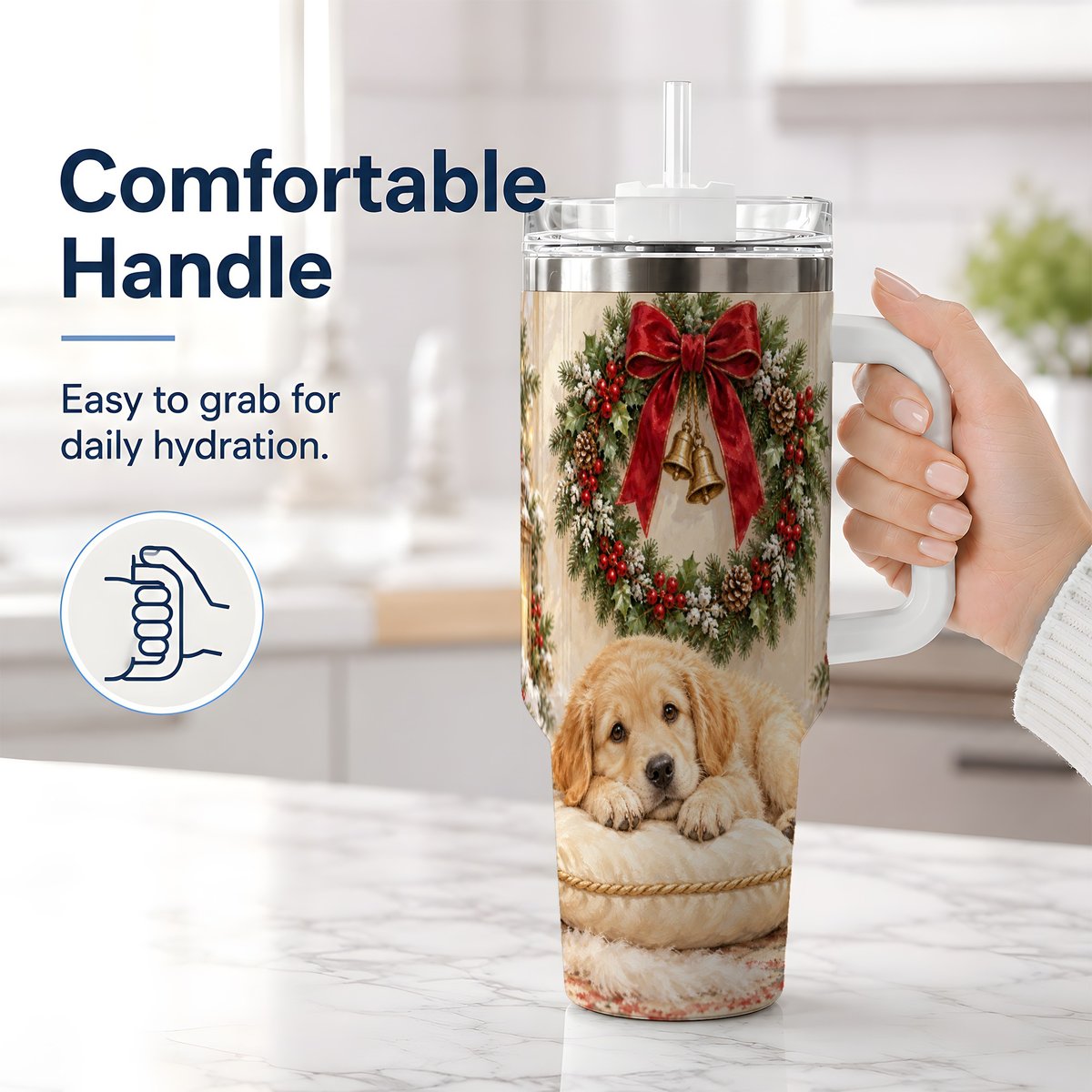 #pl[40oz|White] Christmas Golden Retriever Puppy Tumbler 40oz, Cozy Holiday Art