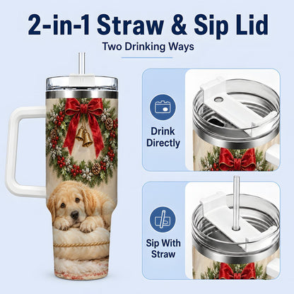 #pl[40oz|White] Christmas Golden Retriever Puppy Tumbler 40oz, Cozy Holiday Art