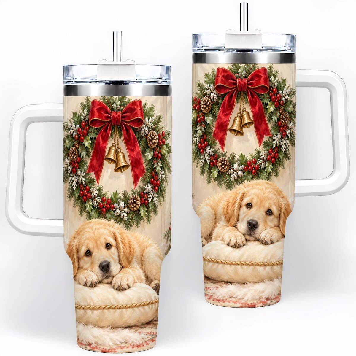 Christmas Golden Retriever Puppy Tumbler 40oz, Cozy Holiday Art