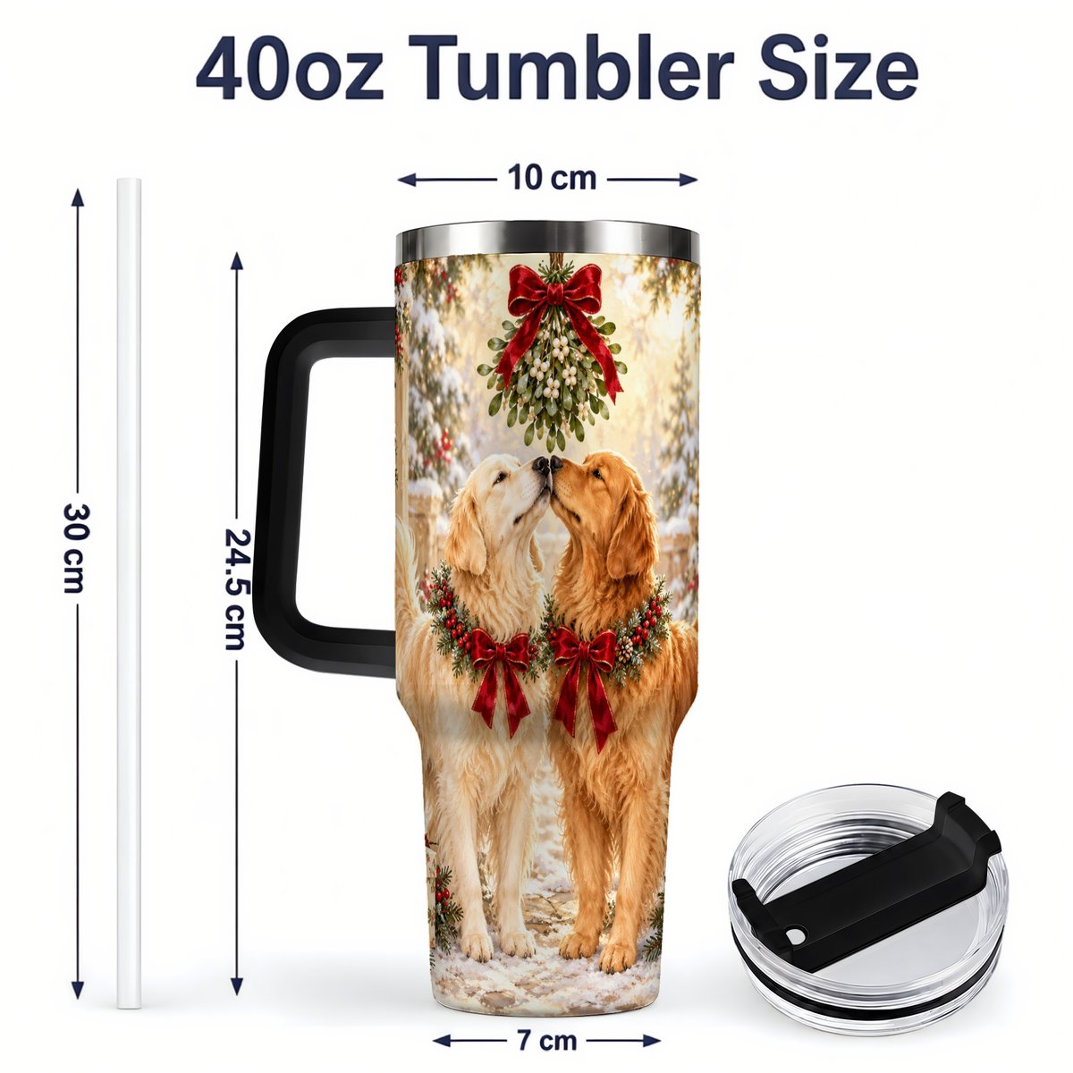 #pl[40oz|Black] Golden Retrievers Under Mistletoe Tumbler 40oz, Winter Scene