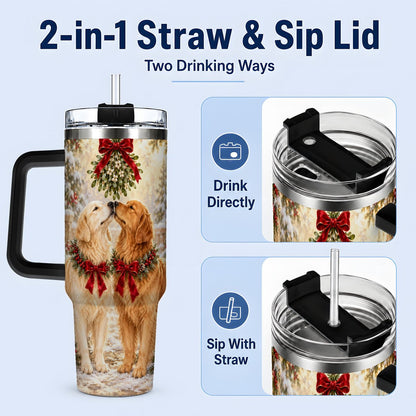 #pl[40oz|Black] Golden Retrievers Under Mistletoe Tumbler 40oz, Winter Scene