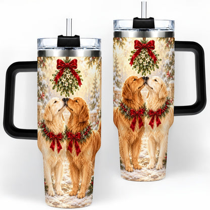 #pl[40oz|Black] Golden Retrievers Under Mistletoe Tumbler 40oz, Winter Scene