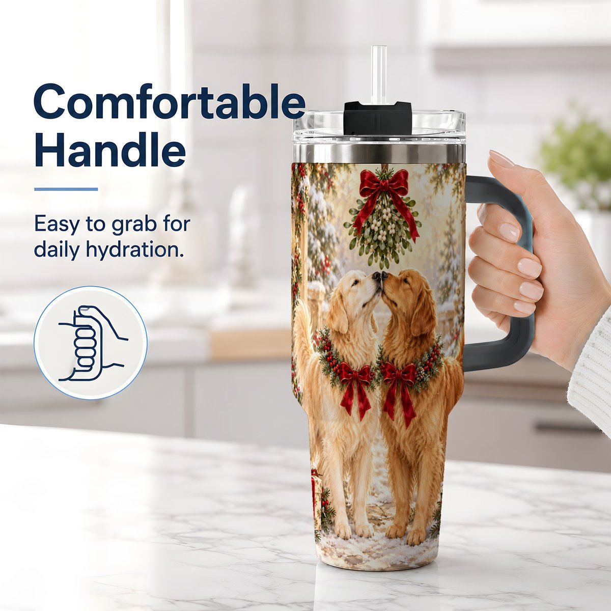 #pl[40oz|Black] Golden Retrievers Under Mistletoe Tumbler 40oz, Winter Scene