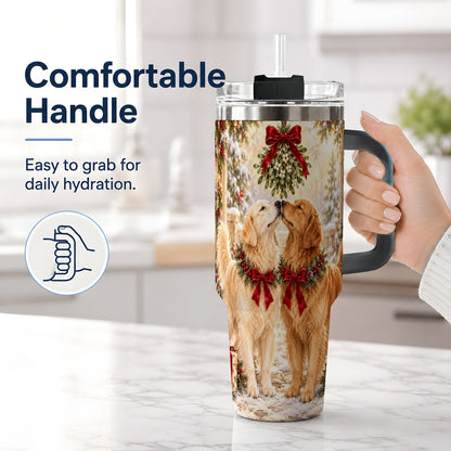 #pl[40oz|Black] Golden Retrievers Under Mistletoe Tumbler 40oz, Winter Scene