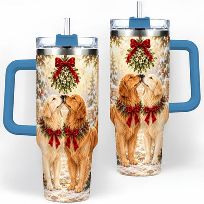 #pl[40oz|Blue] Golden Retrievers Under Mistletoe Tumbler 40oz, Winter Scene