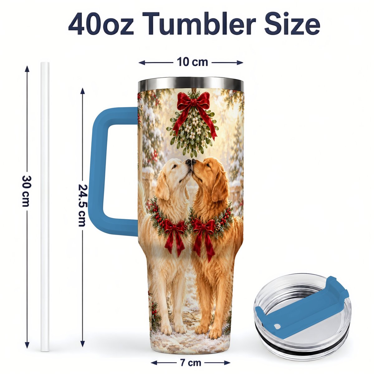 #pl[40oz|Blue] Golden Retrievers Under Mistletoe Tumbler 40oz, Winter Scene