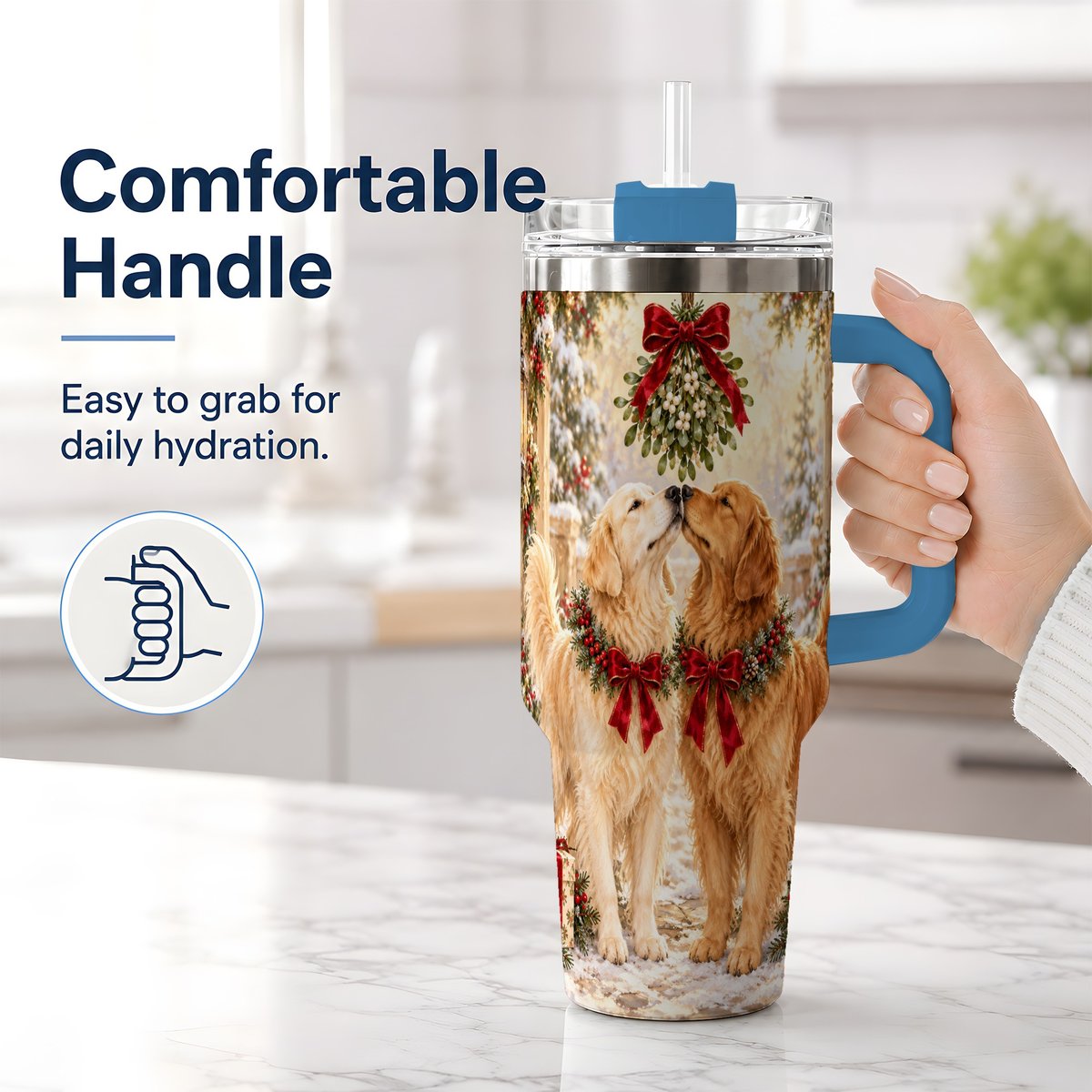#pl[40oz|Blue] Golden Retrievers Under Mistletoe Tumbler 40oz, Winter Scene