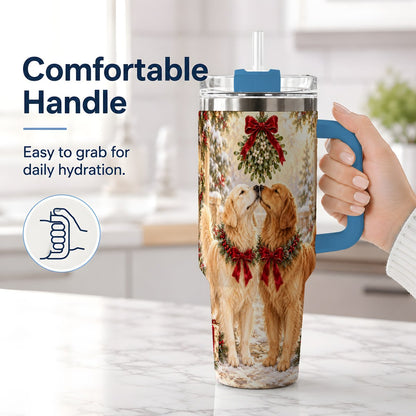 #pl[40oz|Blue] Golden Retrievers Under Mistletoe Tumbler 40oz, Winter Scene