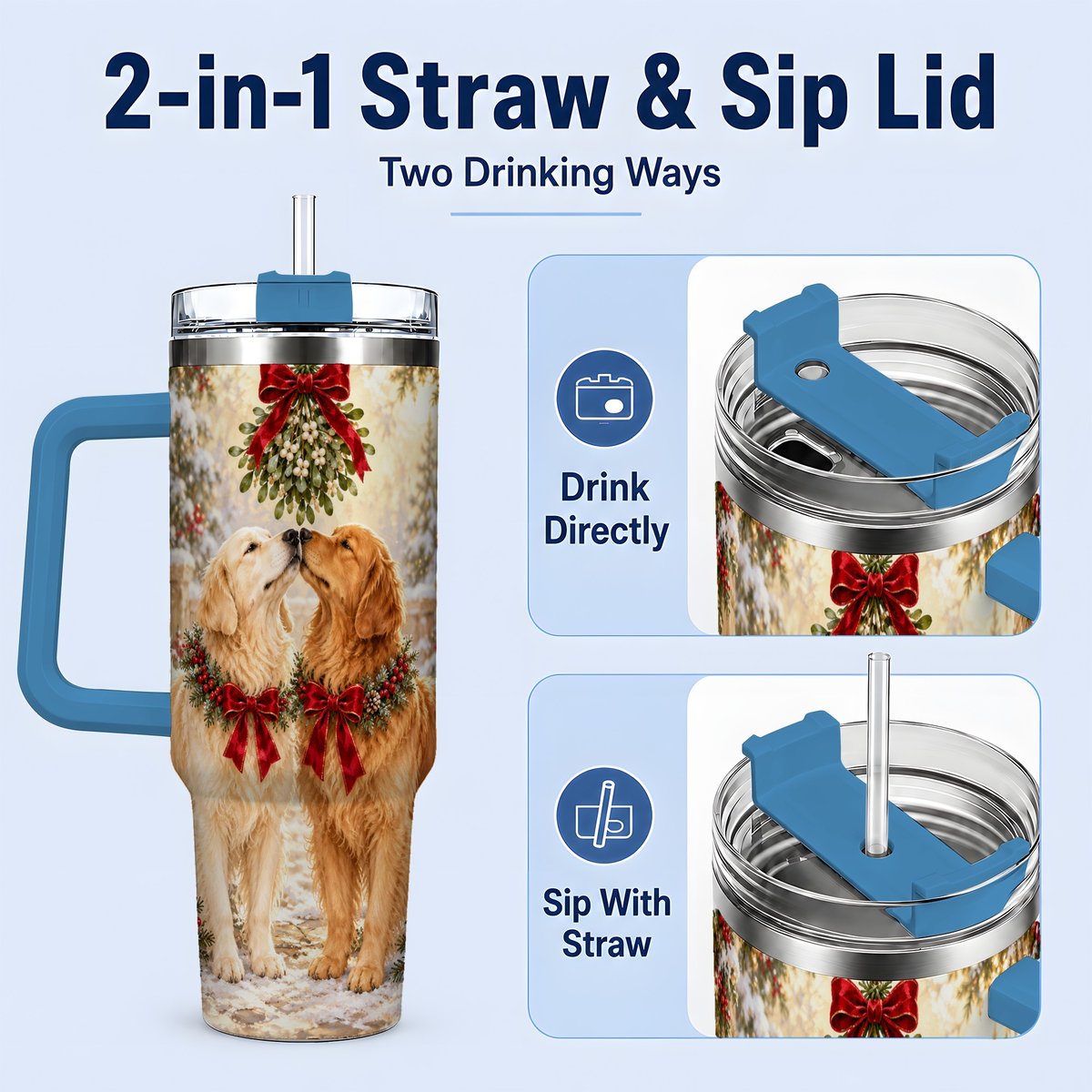 #pl[40oz|Blue] Golden Retrievers Under Mistletoe Tumbler 40oz, Winter Scene