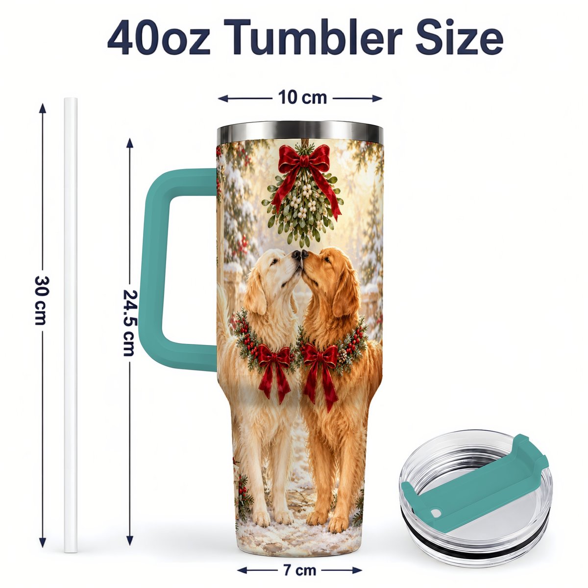 #pl[40oz|Green] Golden Retrievers Under Mistletoe Tumbler 40oz, Winter Scene