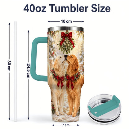 #pl[40oz|Green] Golden Retrievers Under Mistletoe Tumbler 40oz, Winter Scene