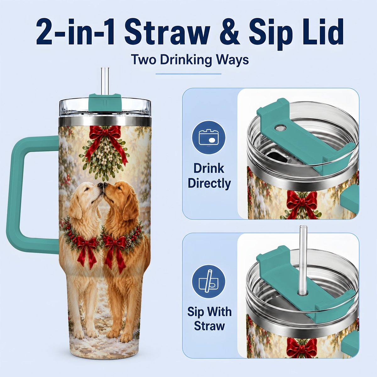 #pl[40oz|Green] Golden Retrievers Under Mistletoe Tumbler 40oz, Winter Scene