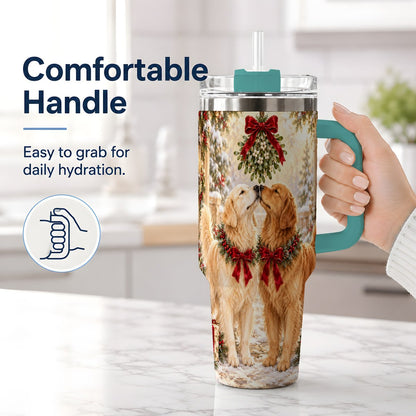 #pl[40oz|Green] Golden Retrievers Under Mistletoe Tumbler 40oz, Winter Scene