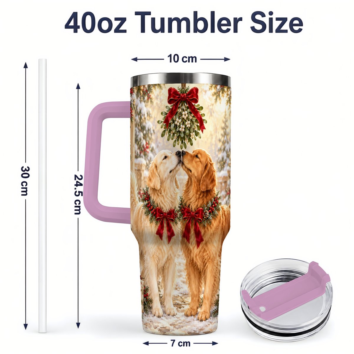 #pl[40oz|Pink] Golden Retrievers Under Mistletoe Tumbler 40oz, Winter Scene