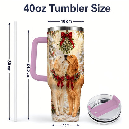 #pl[40oz|Pink] Golden Retrievers Under Mistletoe Tumbler 40oz, Winter Scene