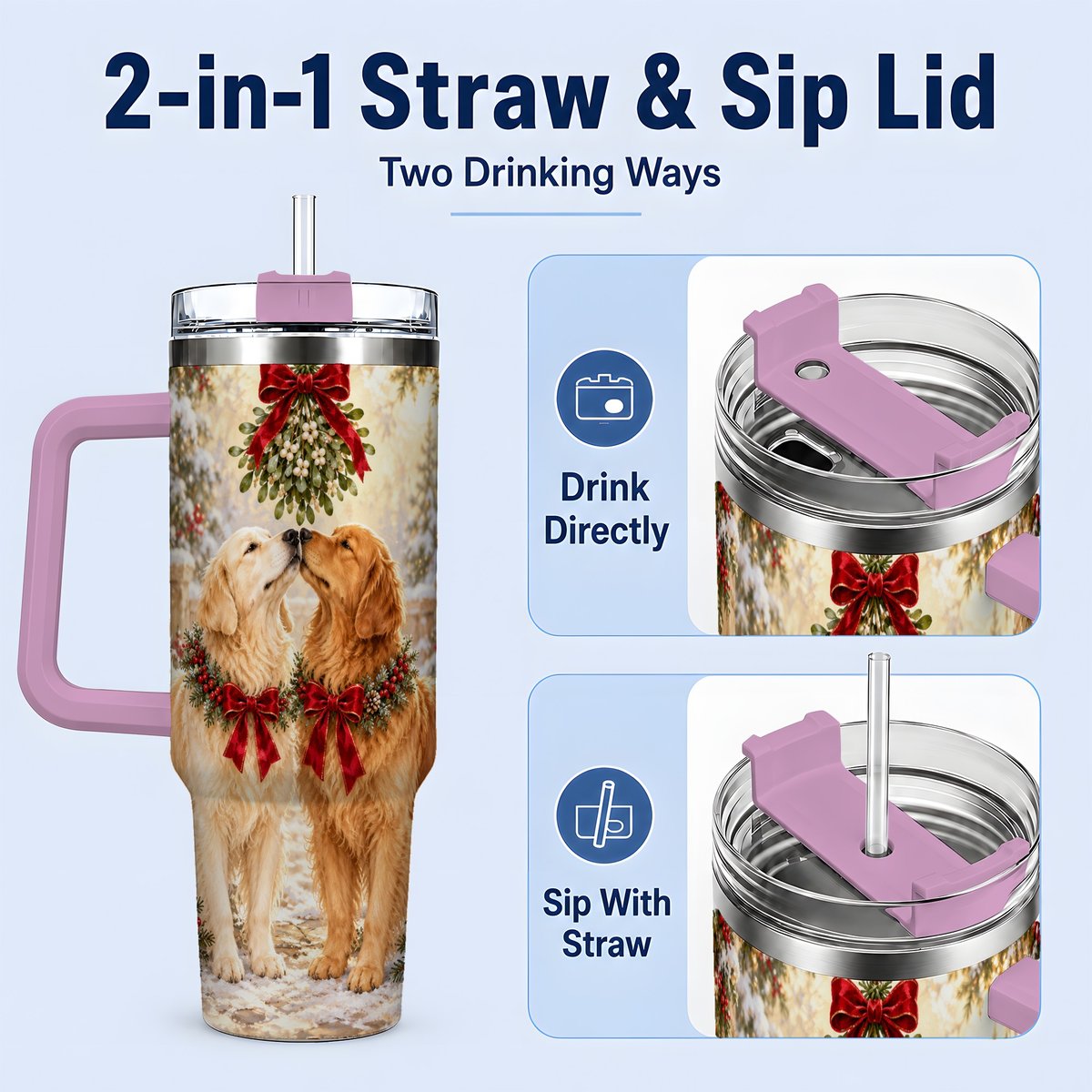 #pl[40oz|Pink] Golden Retrievers Under Mistletoe Tumbler 40oz, Winter Scene