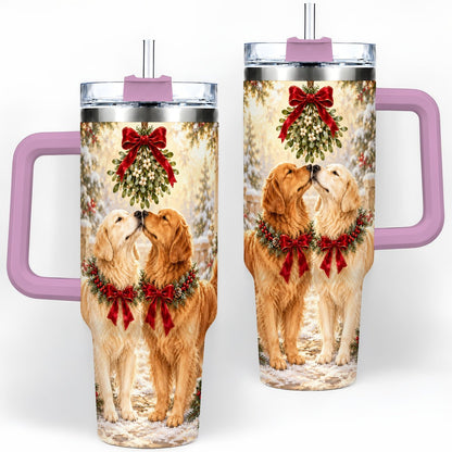 #pl[40oz|Pink] Golden Retrievers Under Mistletoe Tumbler 40oz, Winter Scene