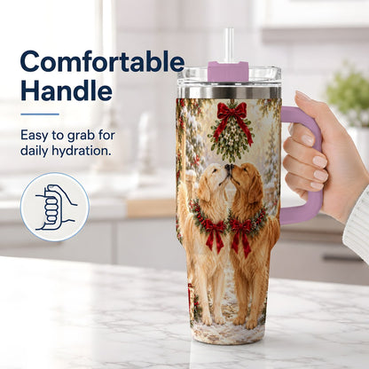 #pl[40oz|Pink] Golden Retrievers Under Mistletoe Tumbler 40oz, Winter Scene