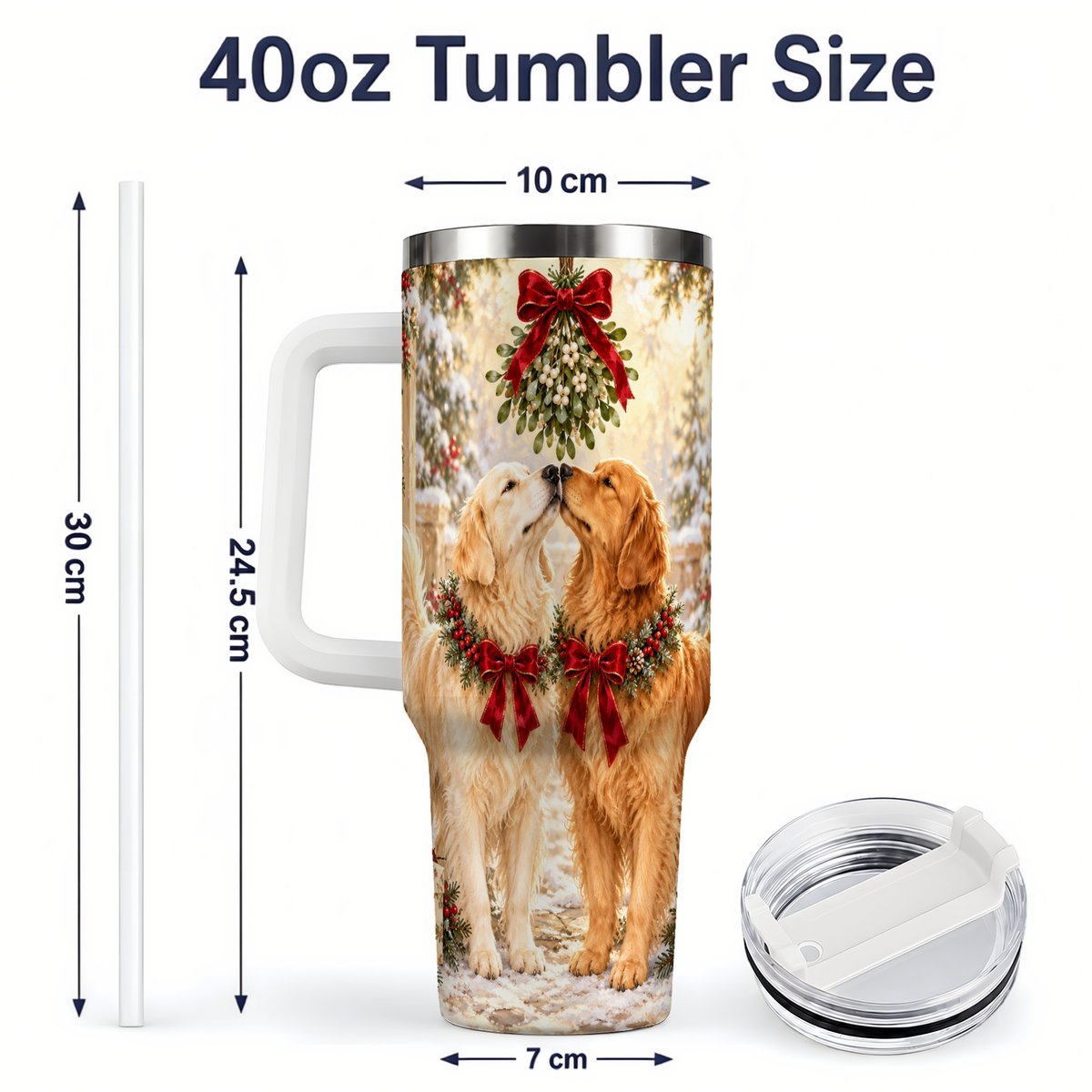 #pl[40oz|White] Golden Retrievers Under Mistletoe Tumbler 40oz, Winter Scene