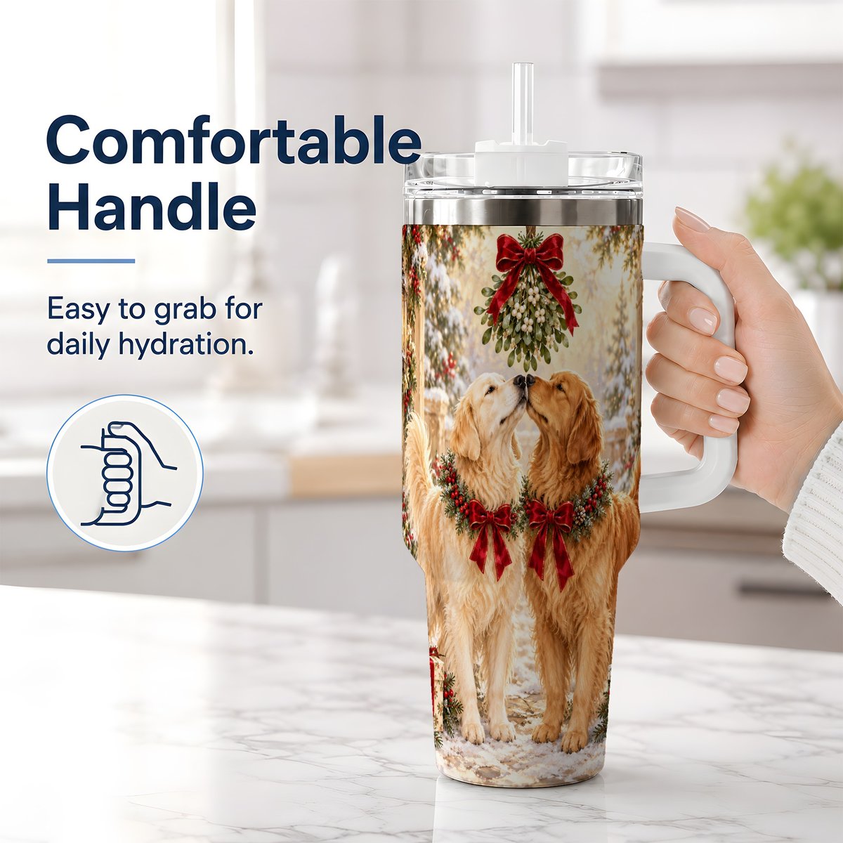 #pl[40oz|White] Golden Retrievers Under Mistletoe Tumbler 40oz, Winter Scene