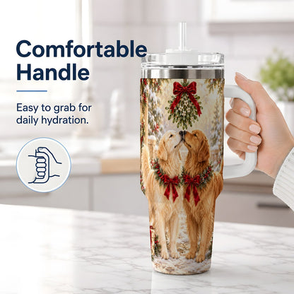 #pl[40oz|White] Golden Retrievers Under Mistletoe Tumbler 40oz, Winter Scene