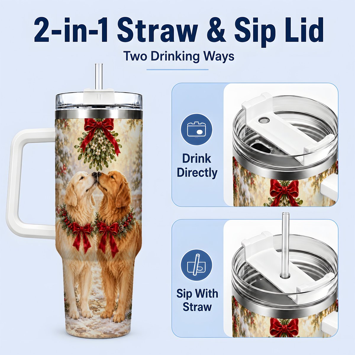 #pl[40oz|White] Golden Retrievers Under Mistletoe Tumbler 40oz, Winter Scene