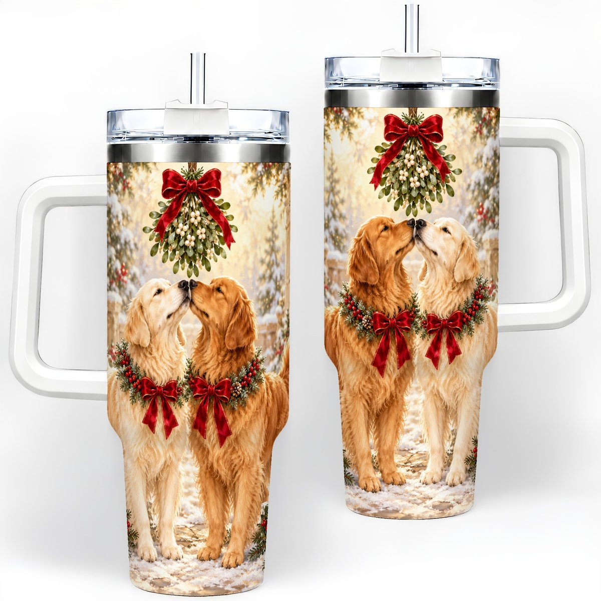 Golden Retrievers Under Mistletoe Tumbler 40oz, Winter Scene