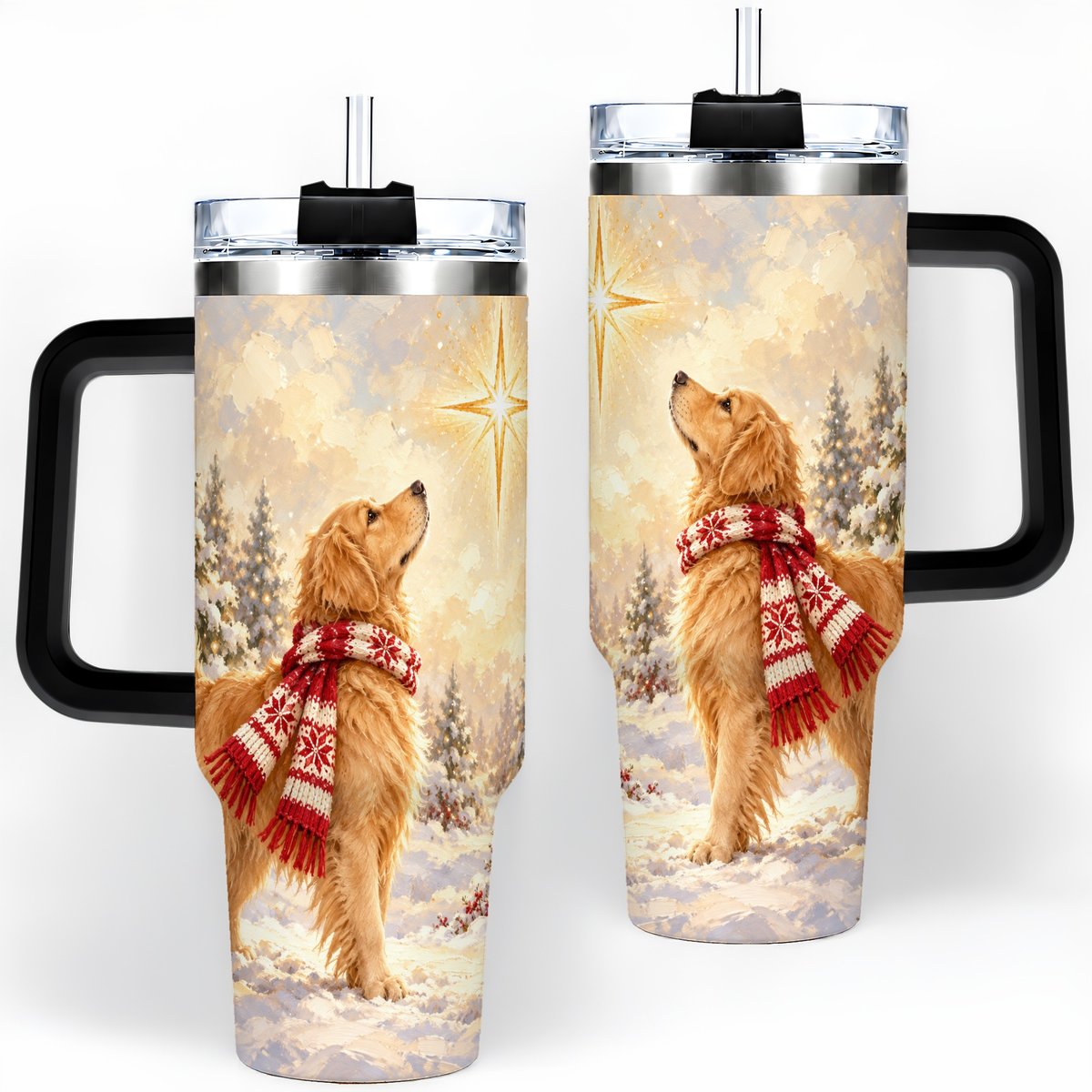 #pl[40oz|Black] Golden Retriever Christmas Star Tumbler 40oz, Winter Artwork