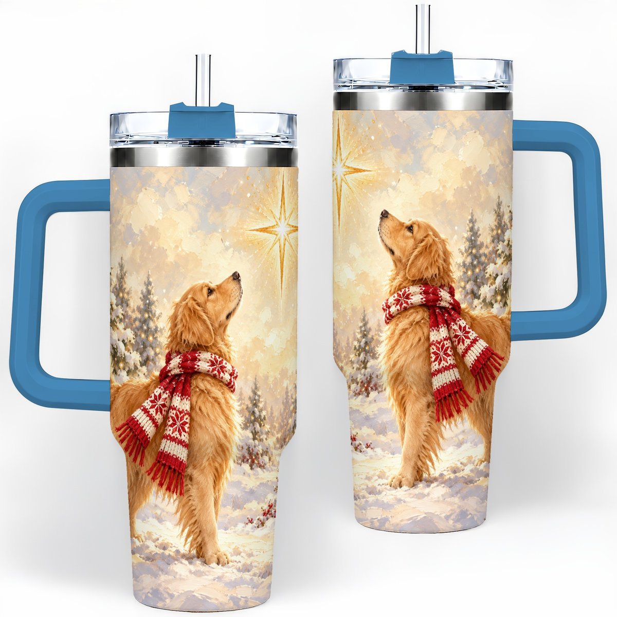 #pl[40oz|Blue] Golden Retriever Christmas Star Tumbler 40oz, Winter Artwork