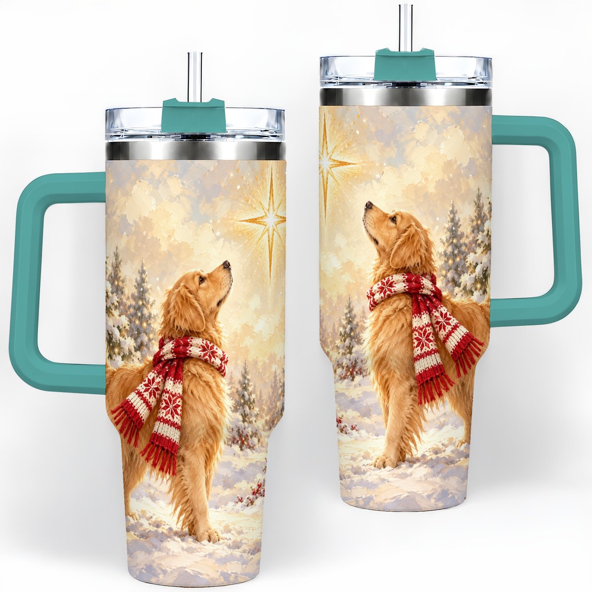 #pl[40oz|Green] Golden Retriever Christmas Star Tumbler 40oz, Winter Artwork