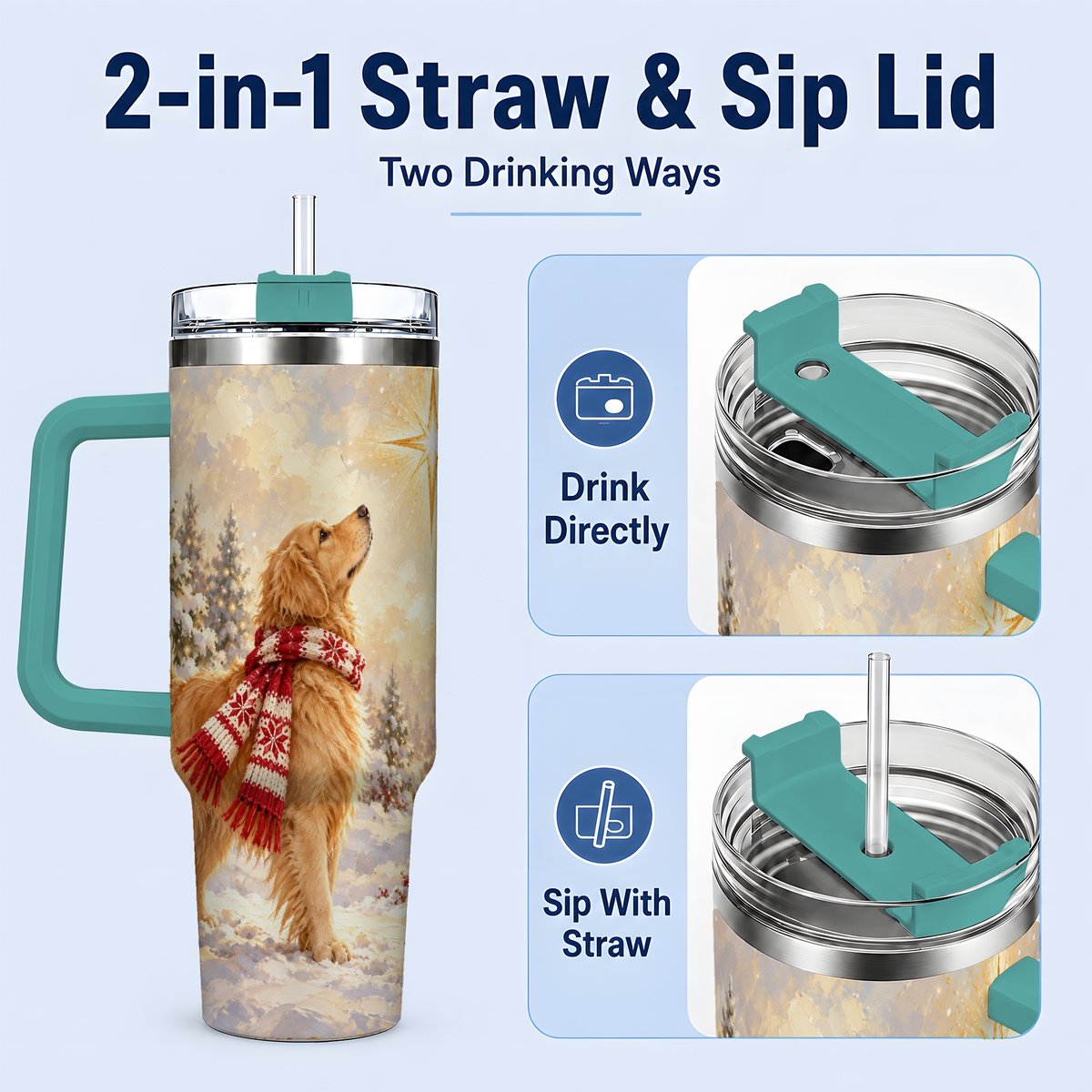 #pl[40oz|Green] Golden Retriever Christmas Star Tumbler 40oz, Winter Artwork