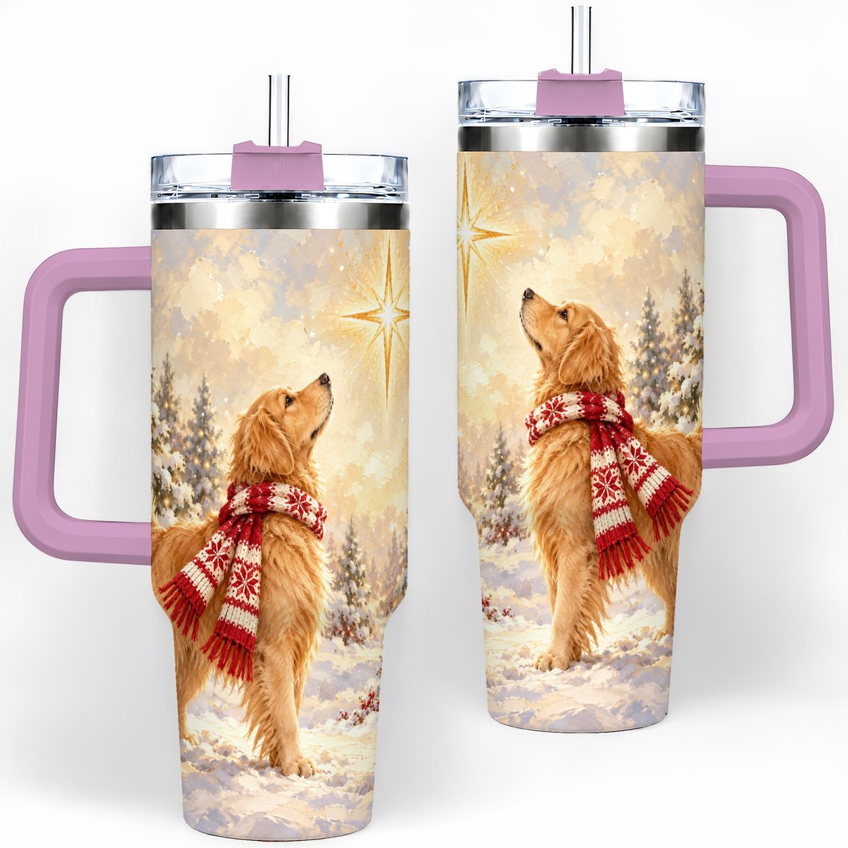 #pl[40oz|Pink] Golden Retriever Christmas Star Tumbler 40oz, Winter Artwork