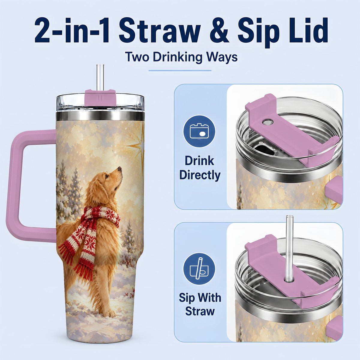 #pl[40oz|Pink] Golden Retriever Christmas Star Tumbler 40oz, Winter Artwork