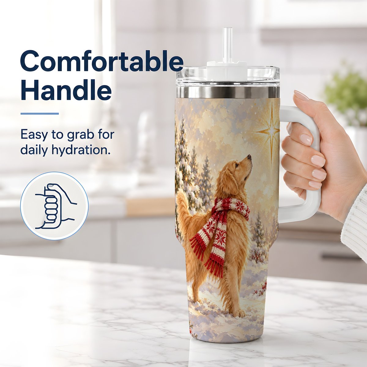 #pl[40oz|White] Golden Retriever Christmas Star Tumbler 40oz, Winter Artwork