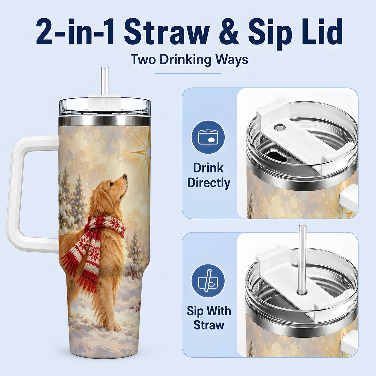 #pl[40oz|White] Golden Retriever Christmas Star Tumbler 40oz, Winter Artwork
