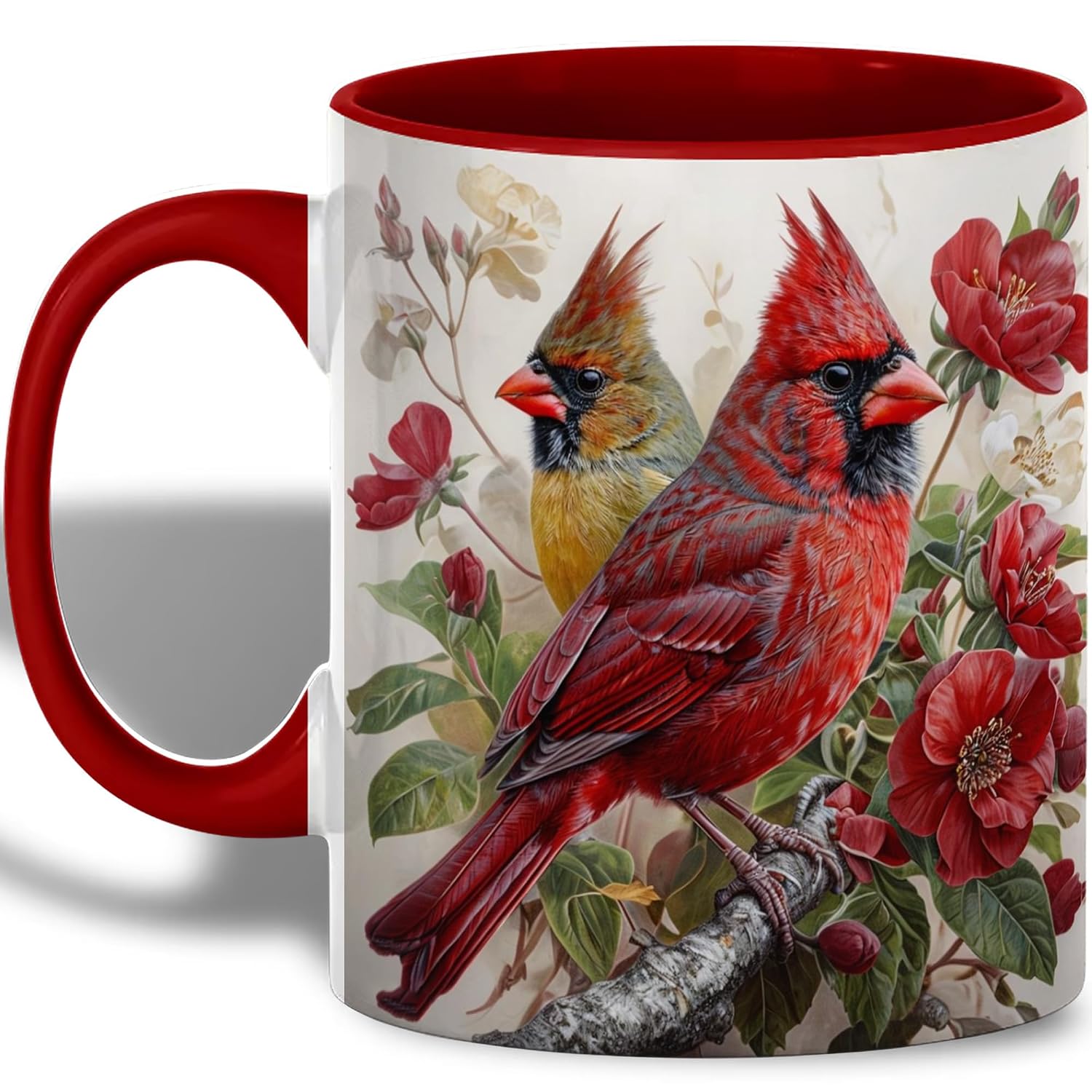 Cardinal Bird Ceramic Coffee Mug, Red Cardinal with Floral Background, Nature Lover Gift