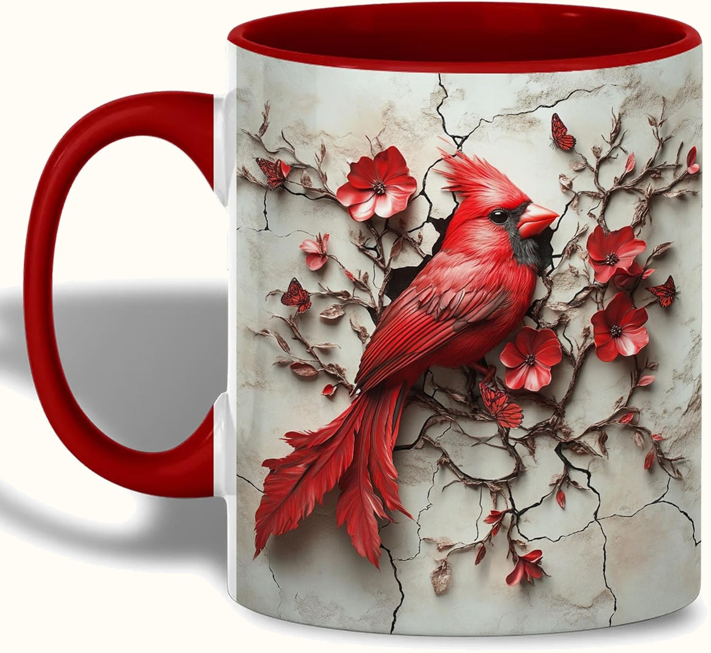 Red Cardinal and Butterfly Mug, Floral Branch Art Printed Both Sides, Accent Ceramic Cup