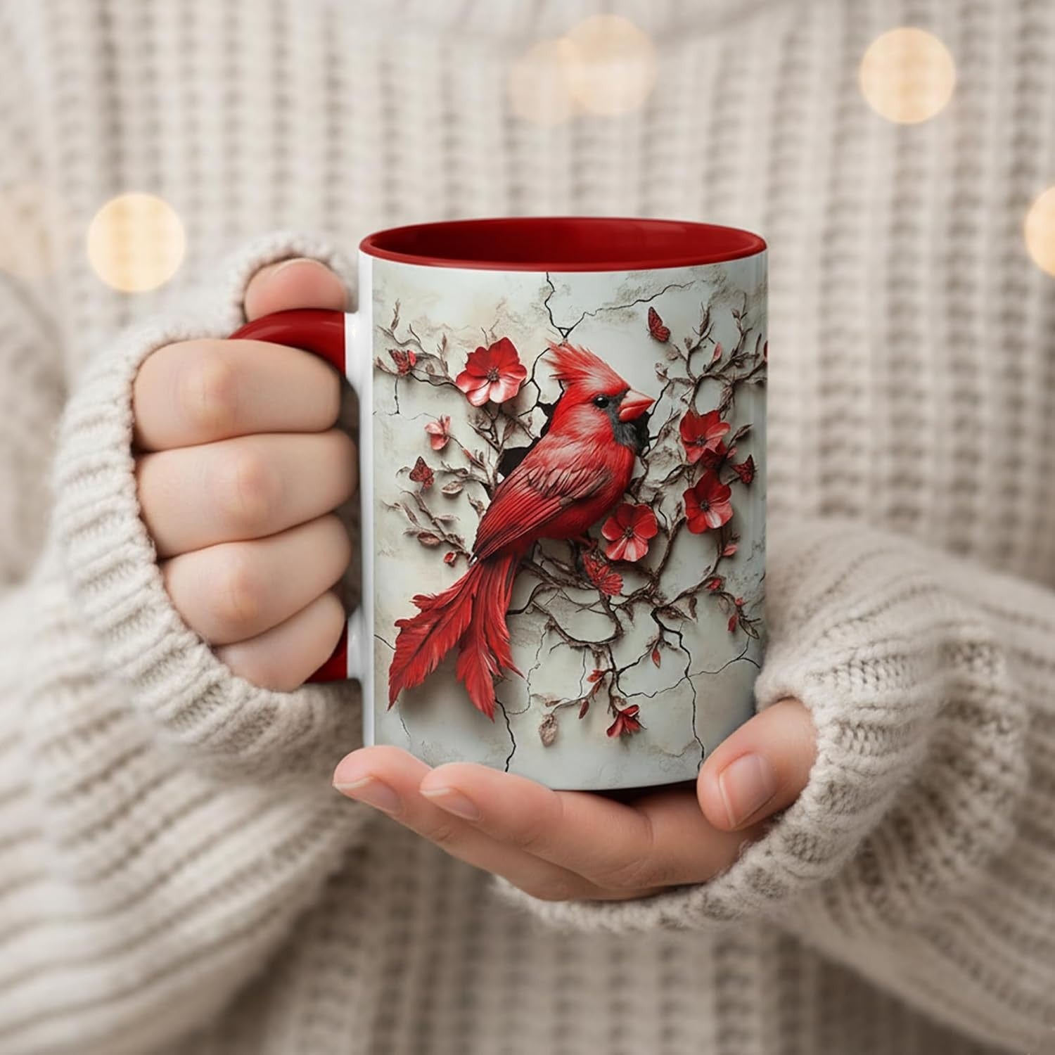 Red Cardinal and Butterfly Mug, Floral Branch Art Printed Both Sides, Accent Ceramic Cup
